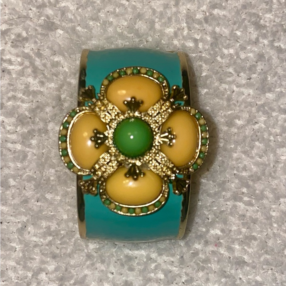 Rare Boutique Brass Magnetic Cuff Wide Bracelet With Gold & Turquoise Details